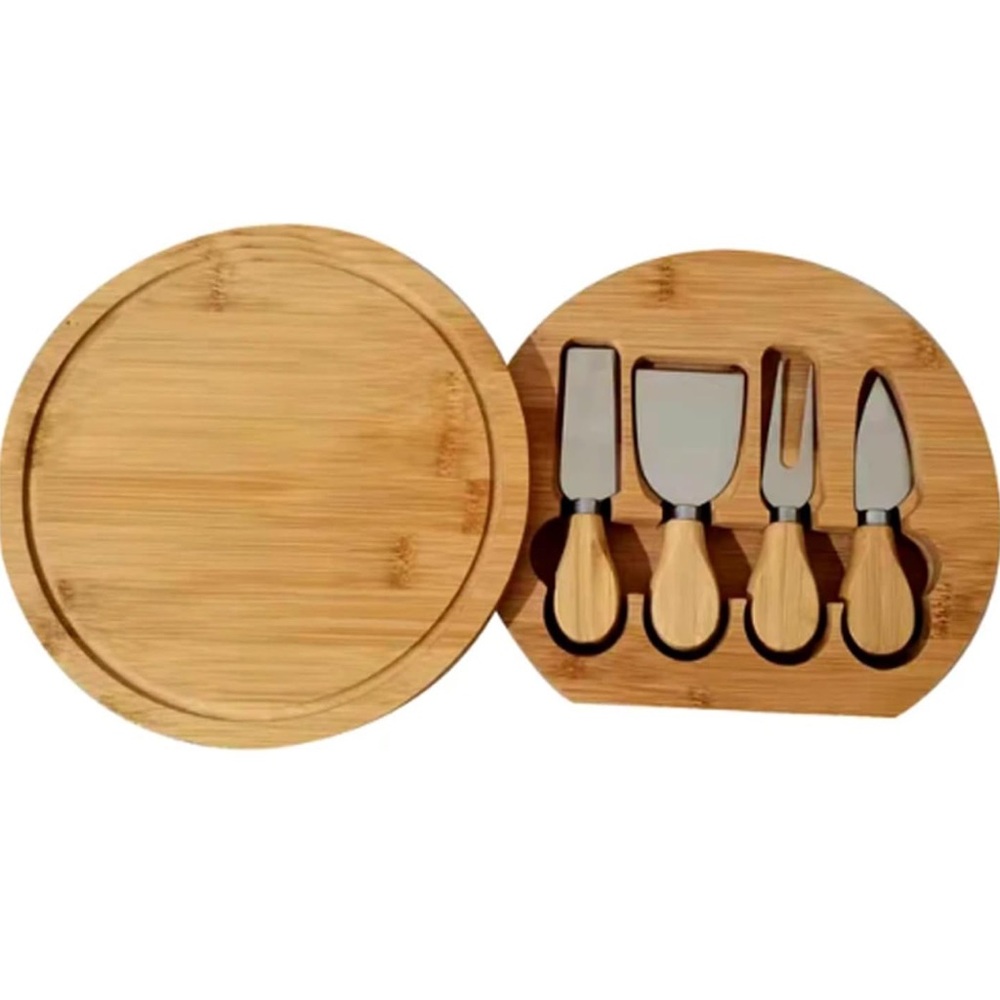 BAMBOO Round Charcuterie Board Cheese Set with Stainless Steel Knives & Utensils